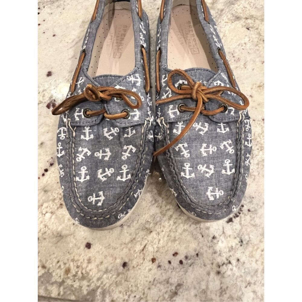 Sperry Blue Chambray & Anchor Embroidered Boat Shoes sz 10